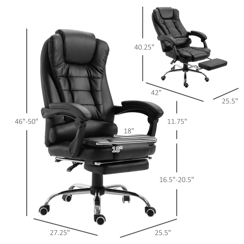 HOMCOM High Back Office Chair PU Leather Executive Office Chair with Retractable Footrest Padded Armrest Black