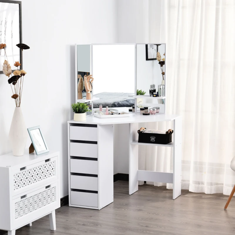 HOMCOM Corner Dressing Table, Makeup Desk with 3-piece Mirror and 5 Drawers, White