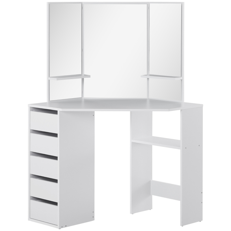 HOMCOM Corner Dressing Table, Makeup Desk with 3-piece Mirror and 5 Drawers, White