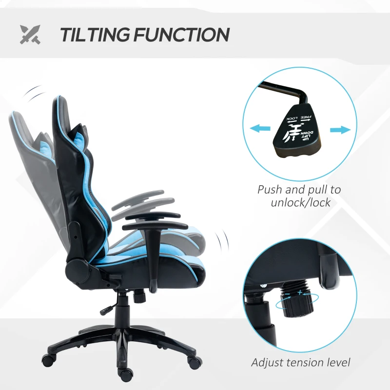 Vinsetto High Back Gaming Chair PU Leather Office Chair Desk Gamer Chair with Lumbar Support, Headrest, Adjustable Height, Blue and Black