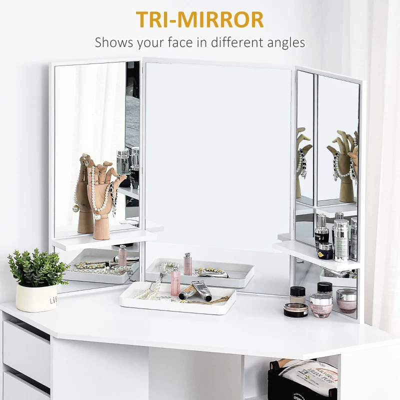 HOMCOM Corner Dressing Table, Makeup Desk with 3-piece Mirror and 5 Drawers, White