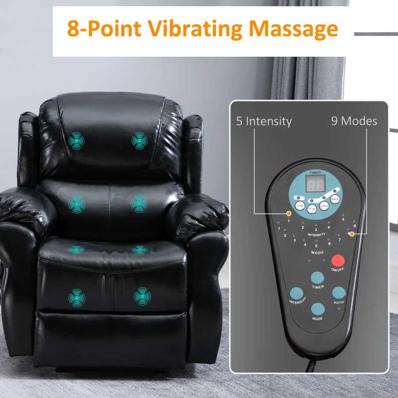 HOMCOM Vibration Massage Recliner Chair for Living Room with Heat,   Single Sofa, PU Leather Power Reclining Chair, Home Theater Seating with Footrest, Black