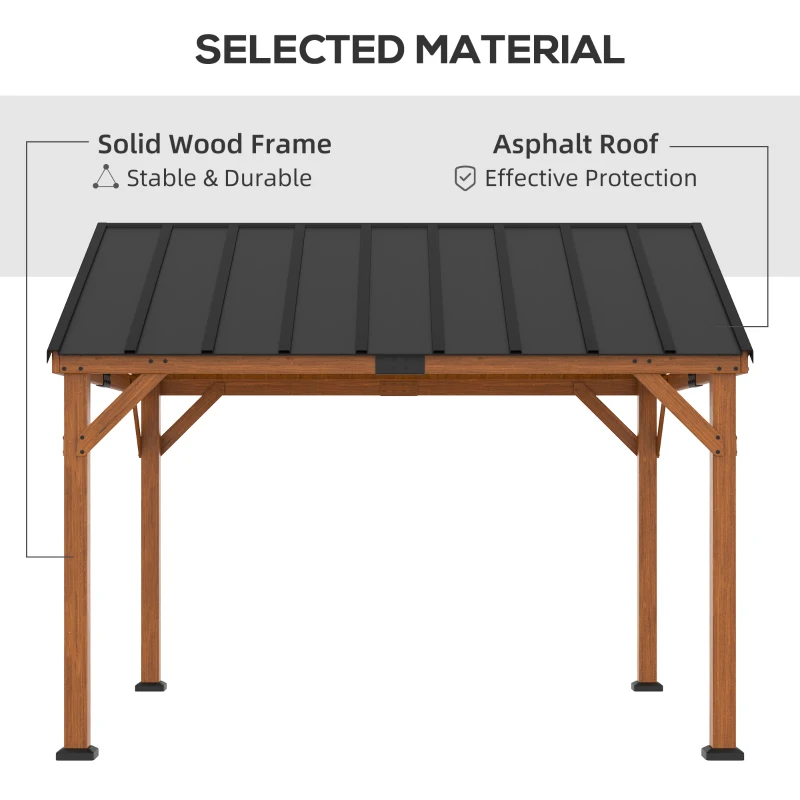 Outsunny 11' x 12' Hardtop Gazebo with Wooden Frame and Waterproof Asphalt Roof, Permanent Pavilion Gazebo Canopy, for Garden, Patio, Backyard, Deck, Porch, Brown