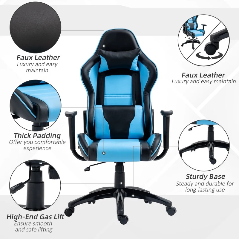 Vinsetto High Back Gaming Chair PU Leather Office Chair Desk Gamer Chair with Lumbar Support, Headrest, Adjustable Height, Blue and Black