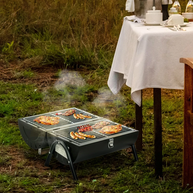 Outsunny Portable Charcoal BBQ Grill - Tabletop Folding Barbecue With Handle For Outdoor Cooking