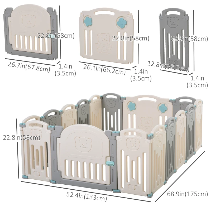 Qaba 16 PCs Baby Enclosure, Children Playpen Indoor Safety Gate Kids Activity Center Fence for Home Mom's Helper w/ Toy HDPE