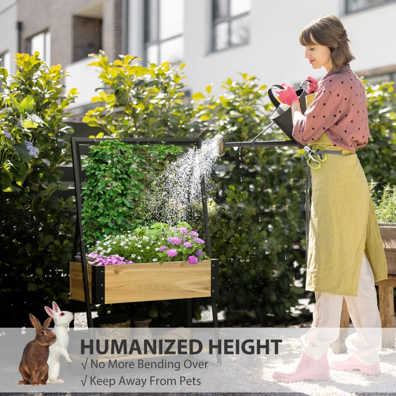 Outsunny Metal Leg Raised Garden Bed with Trellis, Elevated Planter Box with Storage Shelf, Bed Liner and Drainage Holes, for Vegetable Vines, Climbing Plants, Flowers, Natural