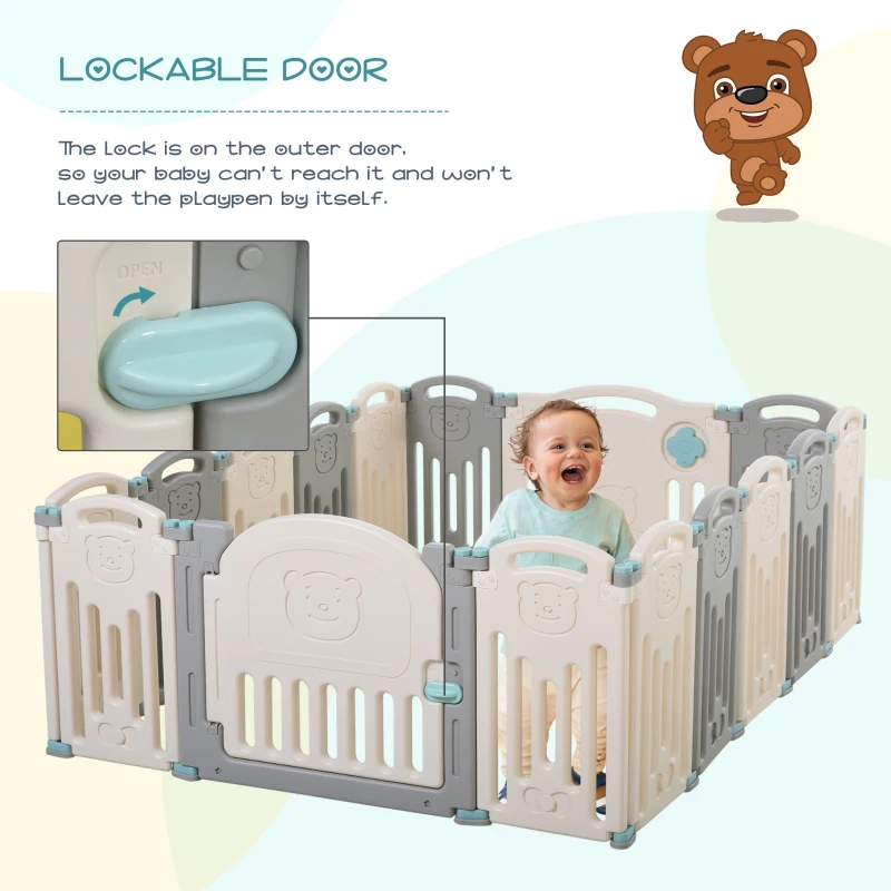Qaba 16 PCs Baby Enclosure, Children Playpen Indoor Safety Gate Kids Activity Center Fence for Home Mom's Helper w/ Toy HDPE