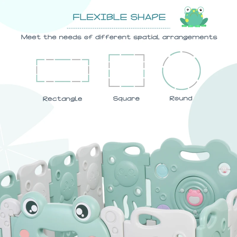 Qaba 16 pcs Baby Enclosure, Children Playpen Safety Gate Kids Activity Center Fence Frog Shape for Home Indoor Mom's Helper w/ Toys HDPE