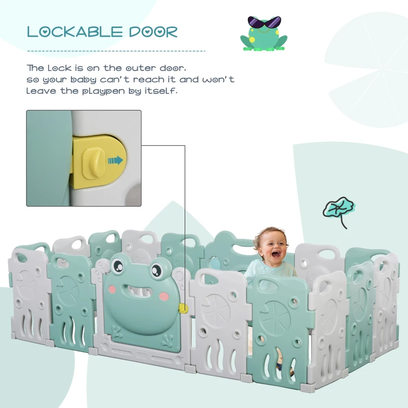 Qaba 16 pcs Baby Enclosure, Children Playpen Safety Gate Kids Activity Center Fence Frog Shape for Home Indoor Mom's Helper w/ Toys HDPE