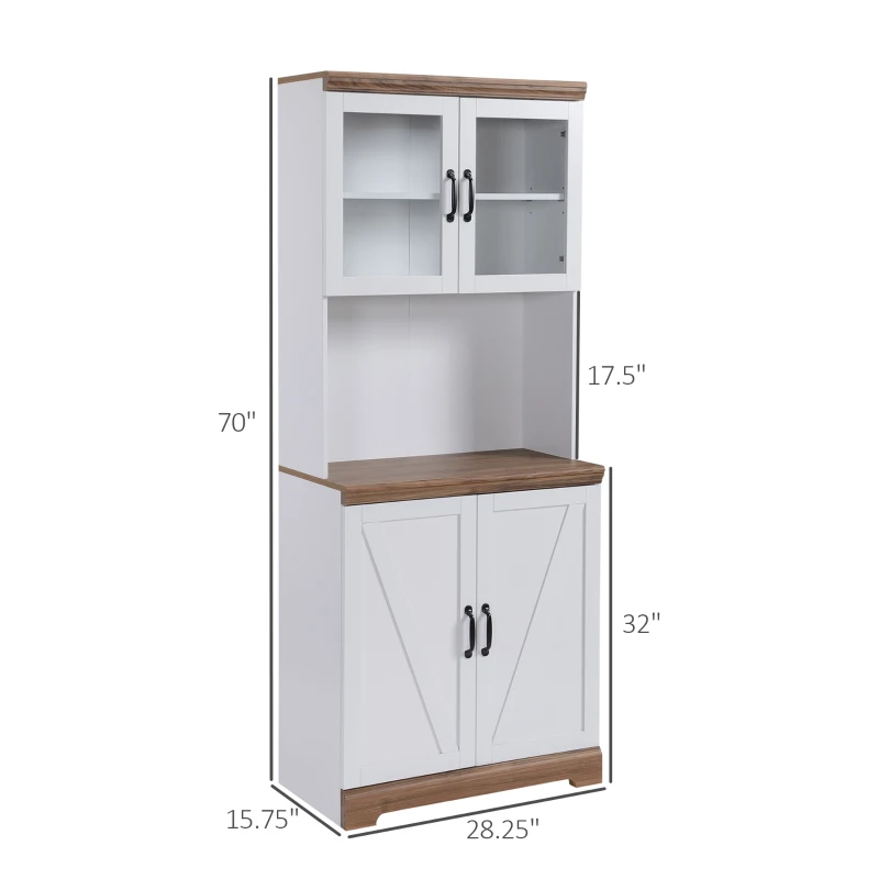 HOMCOM 70" Farmhouse Kitchen Buffet with Hutch, Kitchen Pantry Storage Cabinet with Glass Doors, Adjustable Shelves, Open Microwave Countertop, White