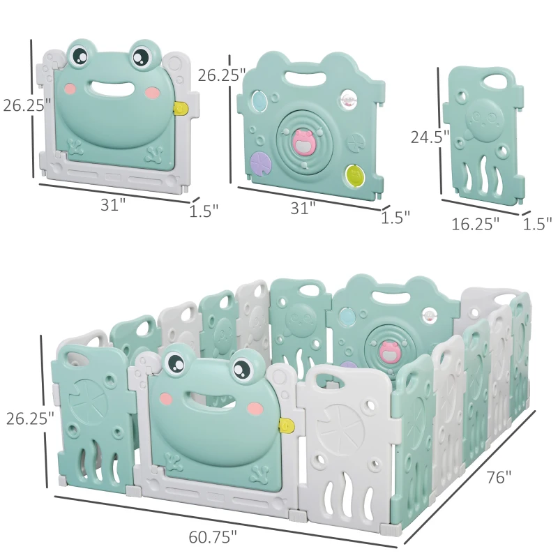 Qaba 16 pcs Baby Enclosure, Children Playpen Safety Gate Kids Activity Center Fence Frog Shape for Home Indoor Mom's Helper w/ Toys HDPE