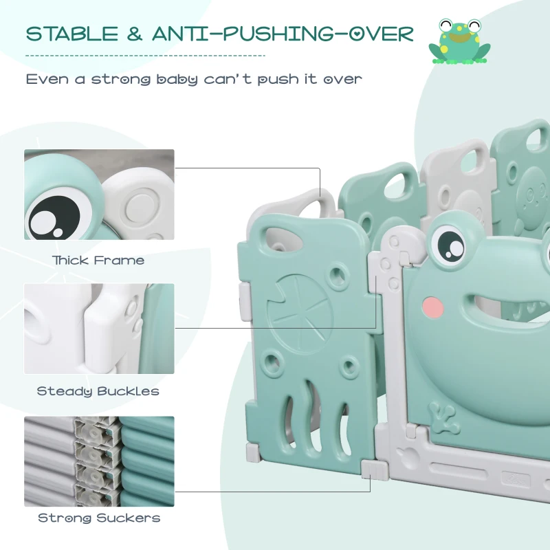 Qaba 16 pcs Baby Enclosure, Children Playpen Safety Gate Kids Activity Center Fence Frog Shape for Home Indoor Mom's Helper w/ Toys HDPE