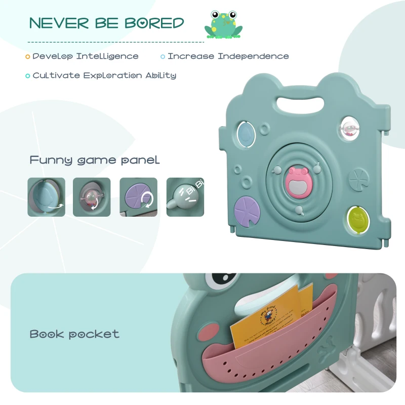 Qaba 16 pcs Baby Enclosure, Children Playpen Safety Gate Kids Activity Center Fence Frog Shape for Home Indoor Mom's Helper w/ Toys HDPE