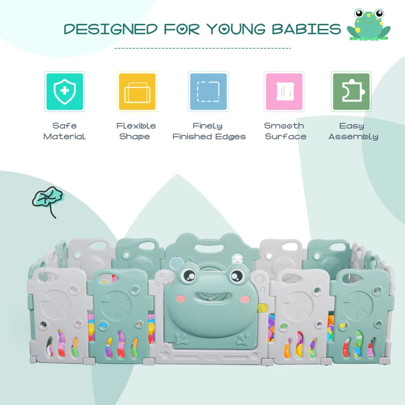 Qaba 16 pcs Baby Enclosure, Children Playpen Safety Gate Kids Activity Center Fence Frog Shape for Home Indoor Mom's Helper w/ Toys HDPE