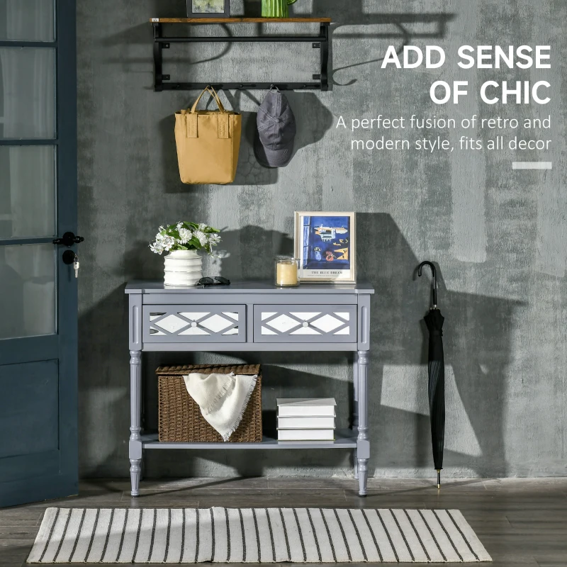 HOMCOM Vintage Console Table with Mirrored Drawers, Retro Sofa Table for Living Room, Hallway, Grey