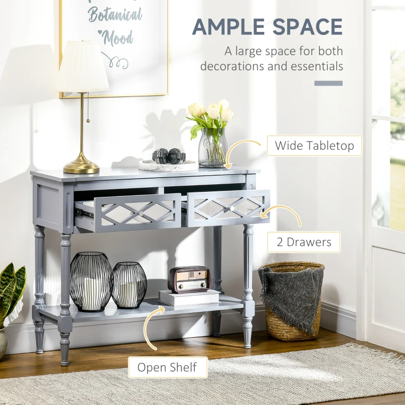 HOMCOM Vintage Console Table with Mirrored Drawers, Retro Sofa Table for Living Room, Hallway, Grey