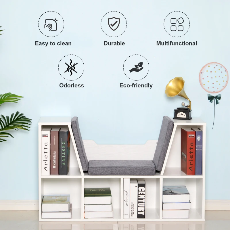 HOMCOM 6-Cubby Bookcase with Seat Cushion, Cube Storage Shelf with Reading Nook for Home Office, Study, Grey