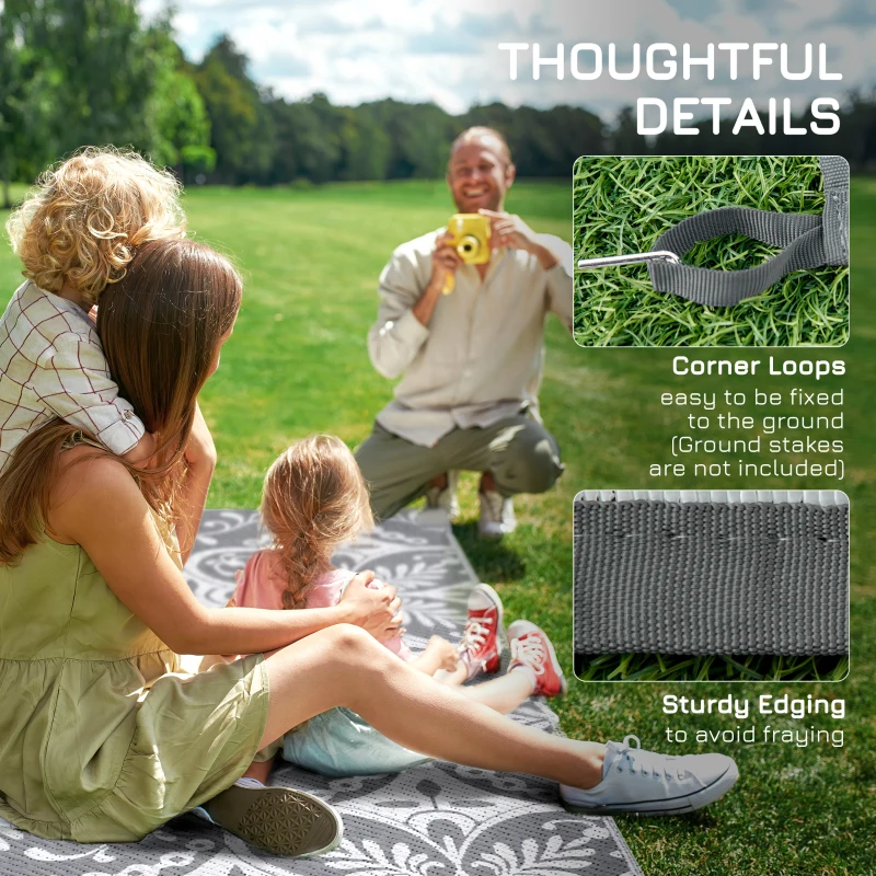 Outsunny 9x12 Waterproof Reversible Outdoor Rug for Camping, Backyard, Picnics, Beach, Deck Gray & White Floral