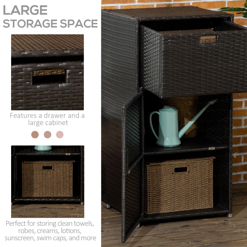 Outsunny Outdoor Towel Rack & Pool Toy Cabinet/Hot Tub Accessory Storage, Waterproof PE Rattan Cabinet & Basket Drawer for Indoor, Swimming Pool, Spa, 24"x24"x47", Dark Brown