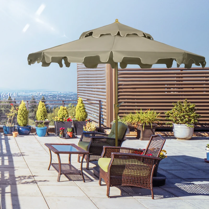 Outsunny 9' Patio Umbrella with Push Button Tilt and Crank, Double Top Ruffled Outdoor Market Table Umbrella with 8 Ribs, for Garden, Deck, Pool, Brown