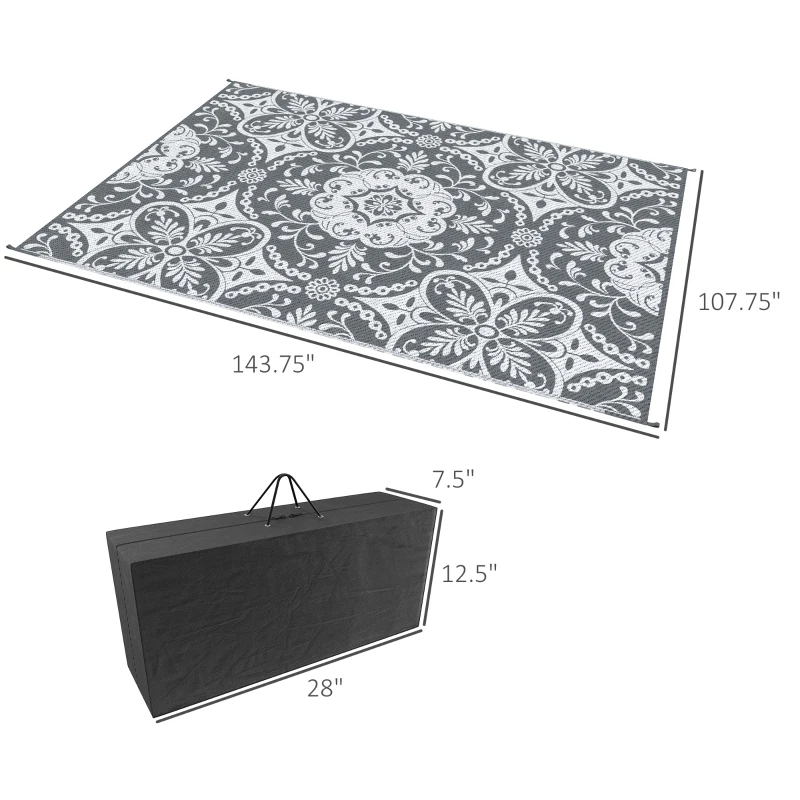 Outsunny 9x12 Waterproof Reversible Outdoor Rug for Camping, Backyard, Picnics, Beach, Deck Gray & White Floral