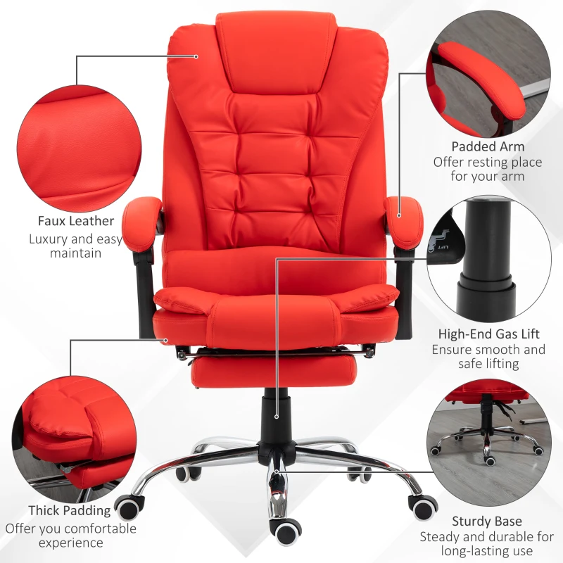 HOMCOM Executive Office Chair, High Back Reclining Computer Chair with Footrest and Armrest, Red