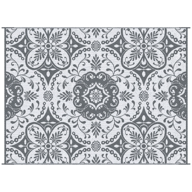 Outsunny 9x12 Waterproof Reversible Outdoor Rug for Camping, Backyard, Picnics, Beach, Deck Gray & White Floral