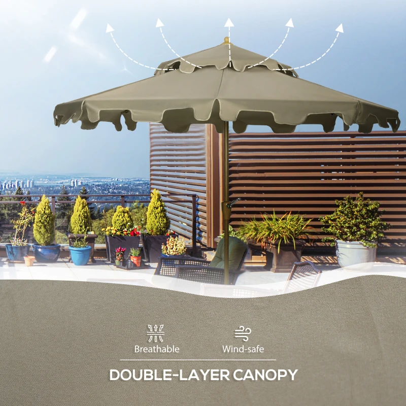 Outsunny 9' Patio Umbrella with Push Button Tilt and Crank, Double Top Ruffled Outdoor Market Table Umbrella with 8 Ribs, for Garden, Deck, Pool, Brown