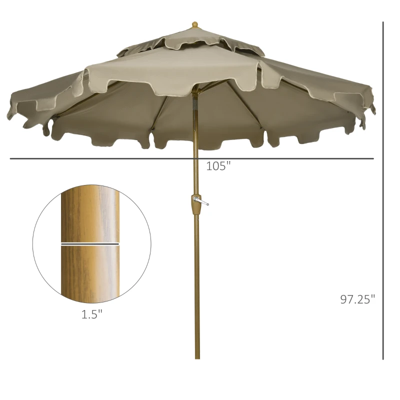 Outsunny 9' Patio Umbrella with Push Button Tilt and Crank, Double Top Ruffled Outdoor Market Table Umbrella with 8 Ribs, for Garden, Deck, Pool, Brown
