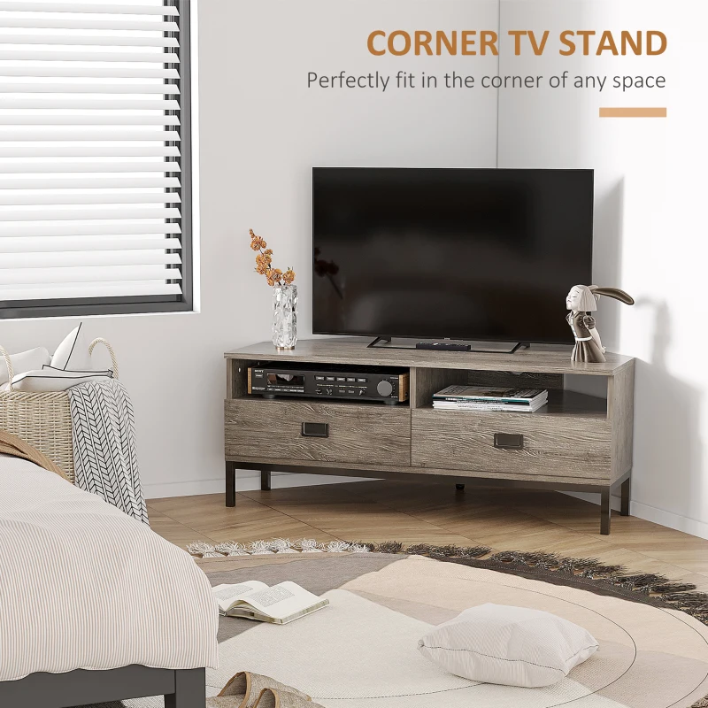 HOMCOM Corner TV Stand for TV up to 46", Entertainment Center with Open Storage and Drawers, TV Table with Steel Legs, Grey