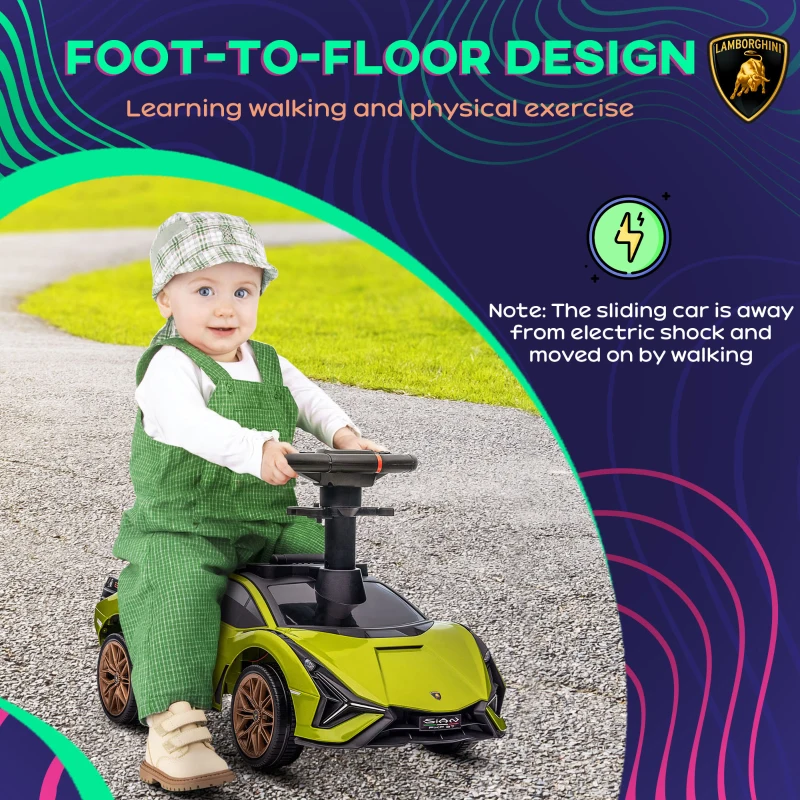 Aosom Licensed Lamborghini SIAN FKP 37 Kids Ride on Push Car, Ride Racer, Foot-to-floor Sliding Car with Music, Headlights, Under Seat Storage, for 18-48 Months, Green