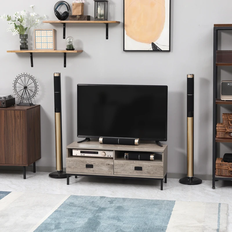 HOMCOM Corner TV Stand for TV up to 46", Entertainment Center with Open Storage and Drawers, TV Table with Steel Legs, Grey