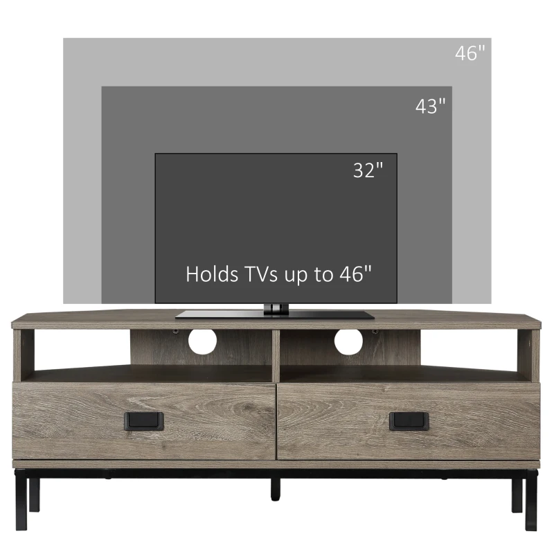 HOMCOM Corner TV Stand for TV up to 46", Entertainment Center with Open Storage and Drawers, TV Table with Steel Legs, Grey