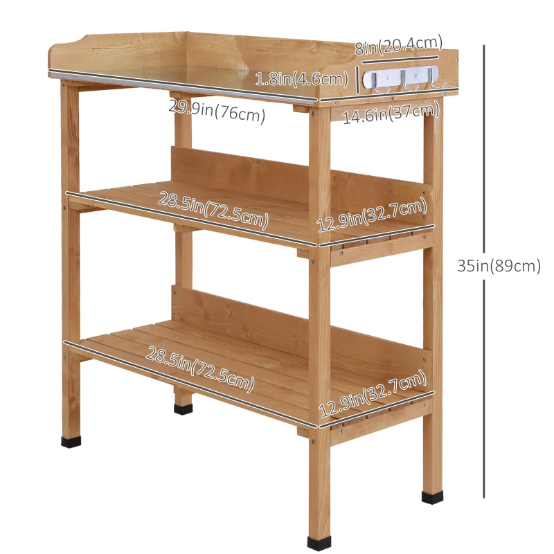 Outsunny Outdoor Garden Wooden Potting Bench Work Station Table Tool Storage Shelf w/ Hooks, Natural