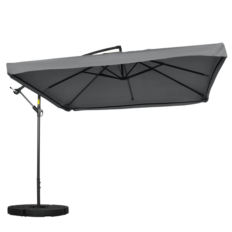 Outsunny Offset Patio Umbrella with Net and Umbrella Base, Adjustable Cantilever Canopy with Cross Base, Weight Plates and 8 Ribs for Backyard, Poolside, Garden, Dark Grey