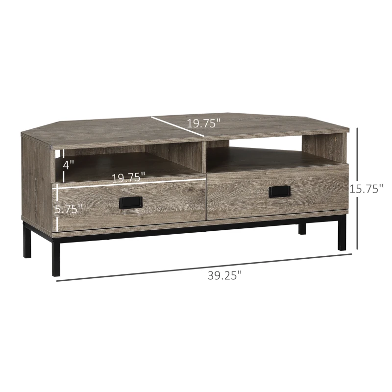 HOMCOM Corner TV Stand for TV up to 46", Entertainment Center with Open Storage and Drawers, TV Table with Steel Legs, Grey