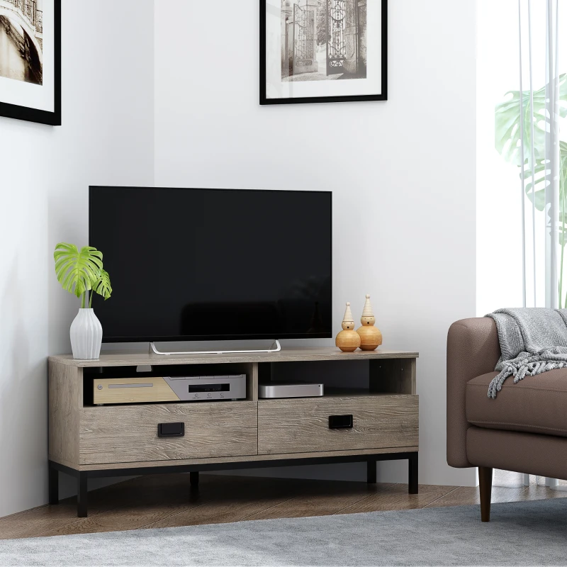 HOMCOM Corner TV Stand for TV up to 46", Entertainment Center with Open Storage and Drawers, TV Table with Steel Legs, Grey