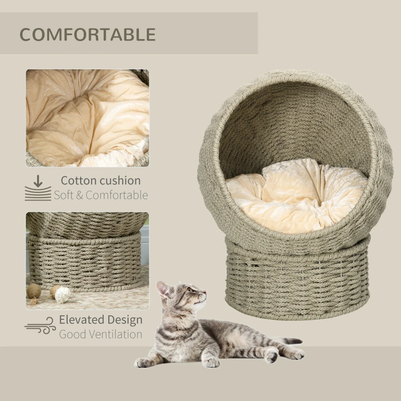 PawHut Handwoven Elevated Cat Bed with Soft Cushion & Cat Egg Chair Shape, Cat Basket Bed Kitty House with Stand, Raised Wicker Cat Bed for Indoor Cats, 23.5" H, Herbal Gray