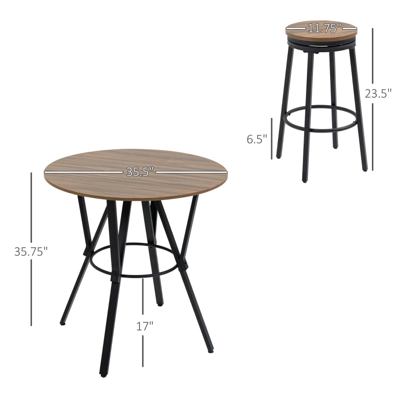 HOMCOM Industrial Bar Table and Chairs Set of 5, Round Dining Table & 4 Stools with Swivel Seat for Pub, Kitchen, Light Brown