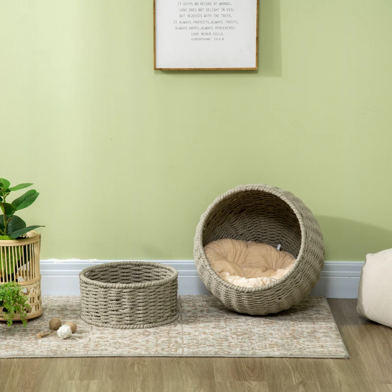 PawHut Handwoven Elevated Cat Bed with Soft Cushion & Cat Egg Chair Shape, Cat Basket Bed Kitty House with Stand, Raised Wicker Cat Bed for Indoor Cats, 23.5" H, Herbal Gray