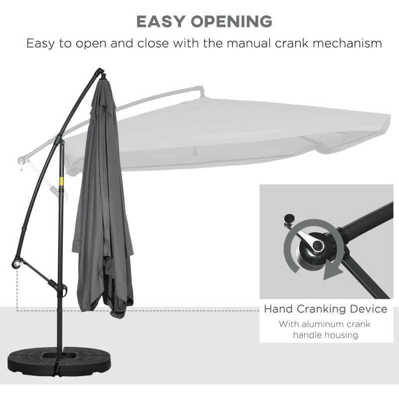 Outsunny Offset Patio Umbrella with Net and Umbrella Base, Adjustable Cantilever Canopy with Cross Base, Weight Plates and 8 Ribs for Backyard, Poolside, Garden, Dark Grey