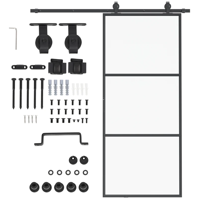 HOMCOM 36 x 84 in Sliding Door with 6FT Hardware Kit and Handle, Industrial Frosted Tempered Glass Door with Carbon Steel, Easy Installation