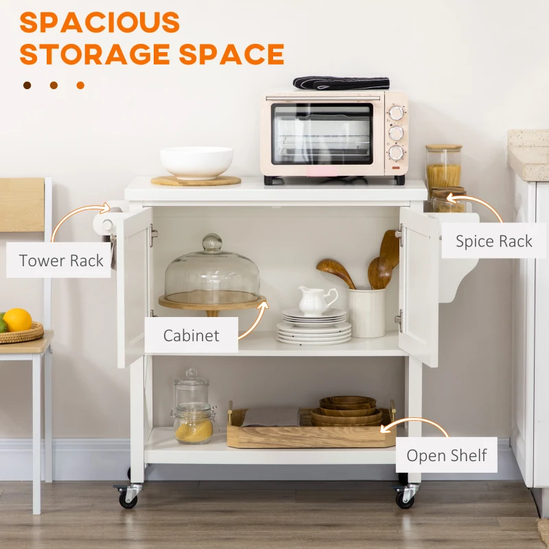 HOMCOM Rolling Kitchen Island Cart with Rubberwood Top and Storage, White