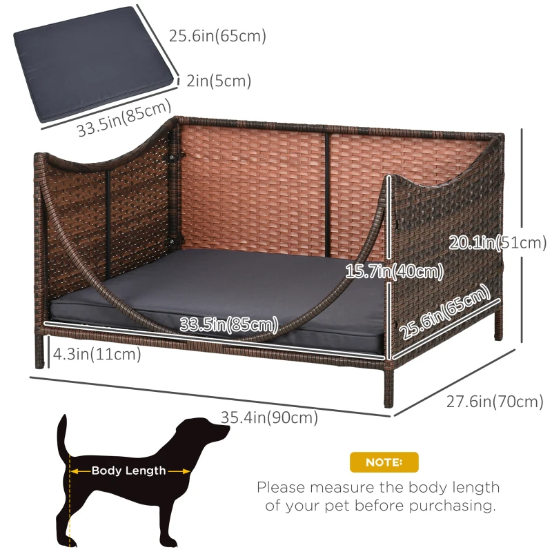 PawHut Rattan Pet Bed for Small Medium Dogs and Cats, Wicker Dog House Outdoor with Water-resistant Cushion, 35"x28"x20", Brown