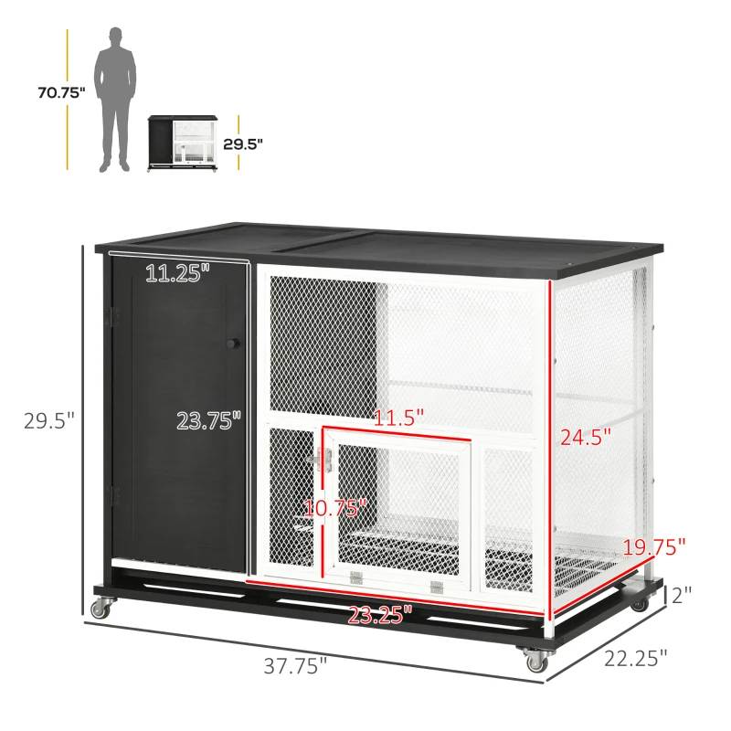 PawHut 38" 2-in-1 Indoor Rabbit Hutch & End Table with Wheels & Storage Shelf, Bunny Rabbit Cage with Removable Tray, Bunny Hutch Rabbit Furniture Pet Crate End Table, Black