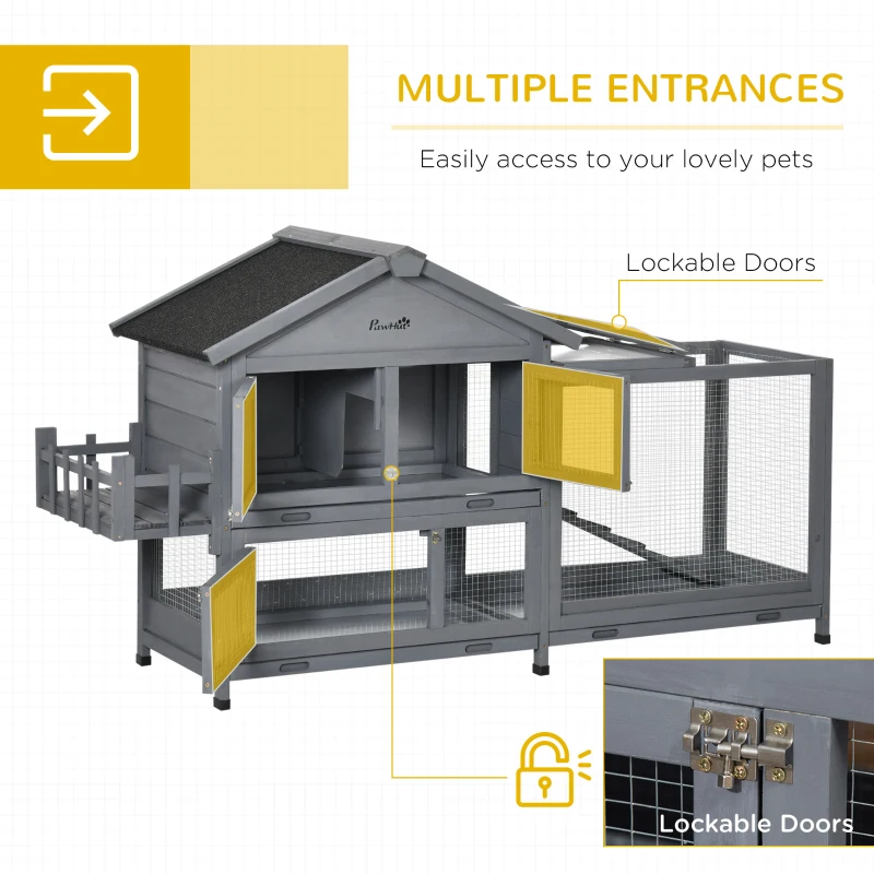 PawHut 65" Wooden Rabbit Hutch, Pet Playpen with Openable Roof, Storage Box, for Rabbits and Small Animals, Dark Grey