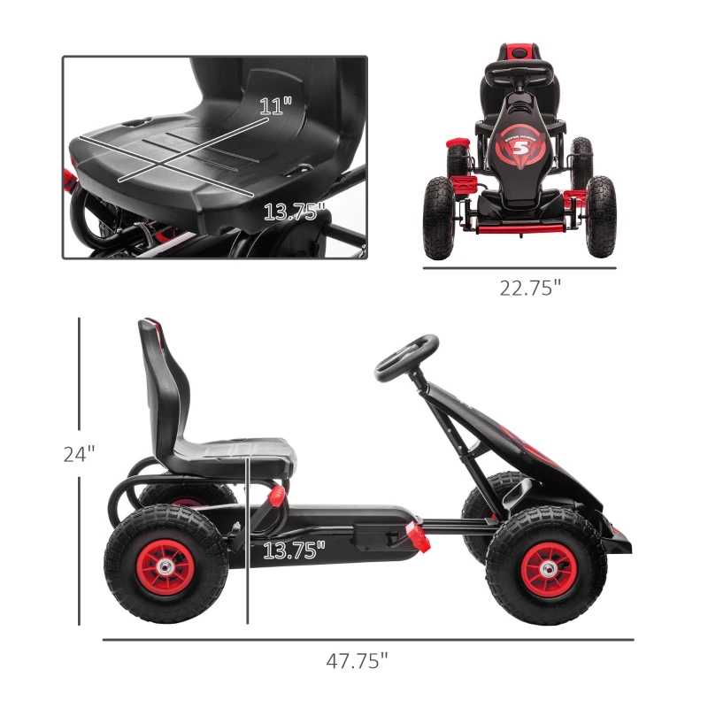 Aosom Kids Pedal Go Kart, Ergonomic Ride-on Toy Car with Durable Tread, Suspension System & Safety Brake, Red Pedal Car for Boys & Girls, Ages 5-12