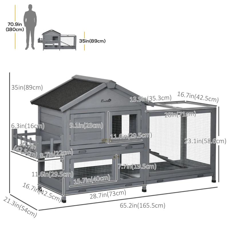 PawHut 65" Wooden Rabbit Hutch, Pet Playpen with Openable Roof, Storage Box, for Rabbits and Small Animals, Dark Grey
