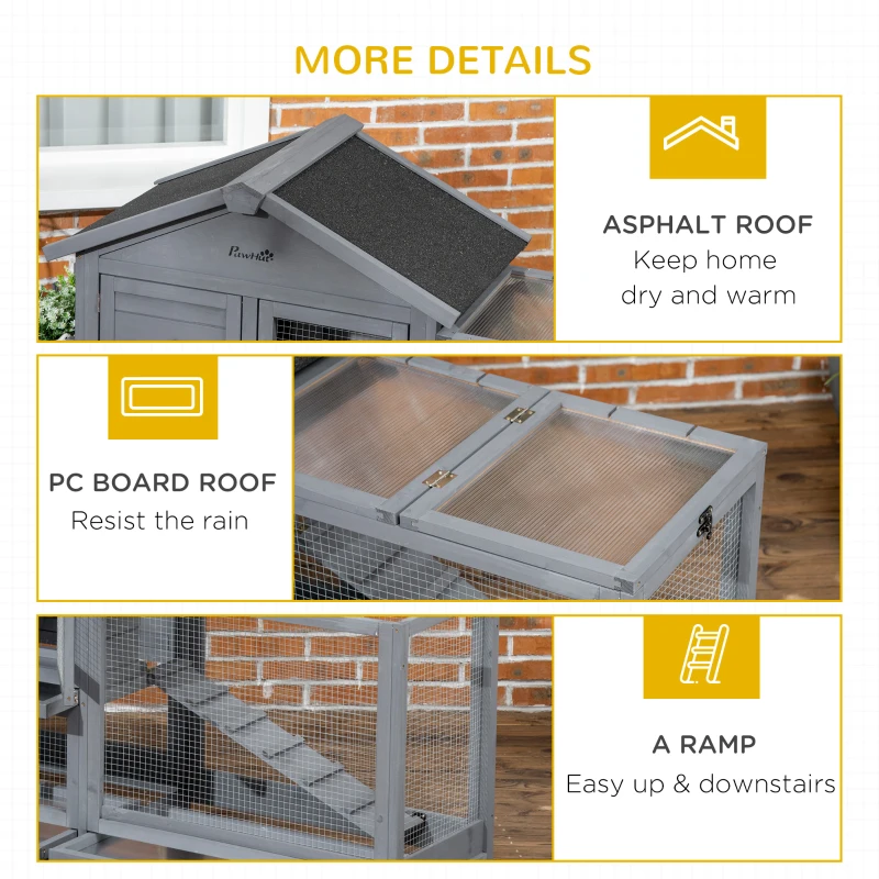 PawHut 65" Wooden Rabbit Hutch, Pet Playpen with Openable Roof, Storage Box, for Rabbits and Small Animals, Dark Grey